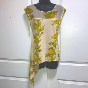 TINY Anthropologie Sexy Sheer Silk Contrast Lemon Print Drapery Hi-Lo Knit Top S